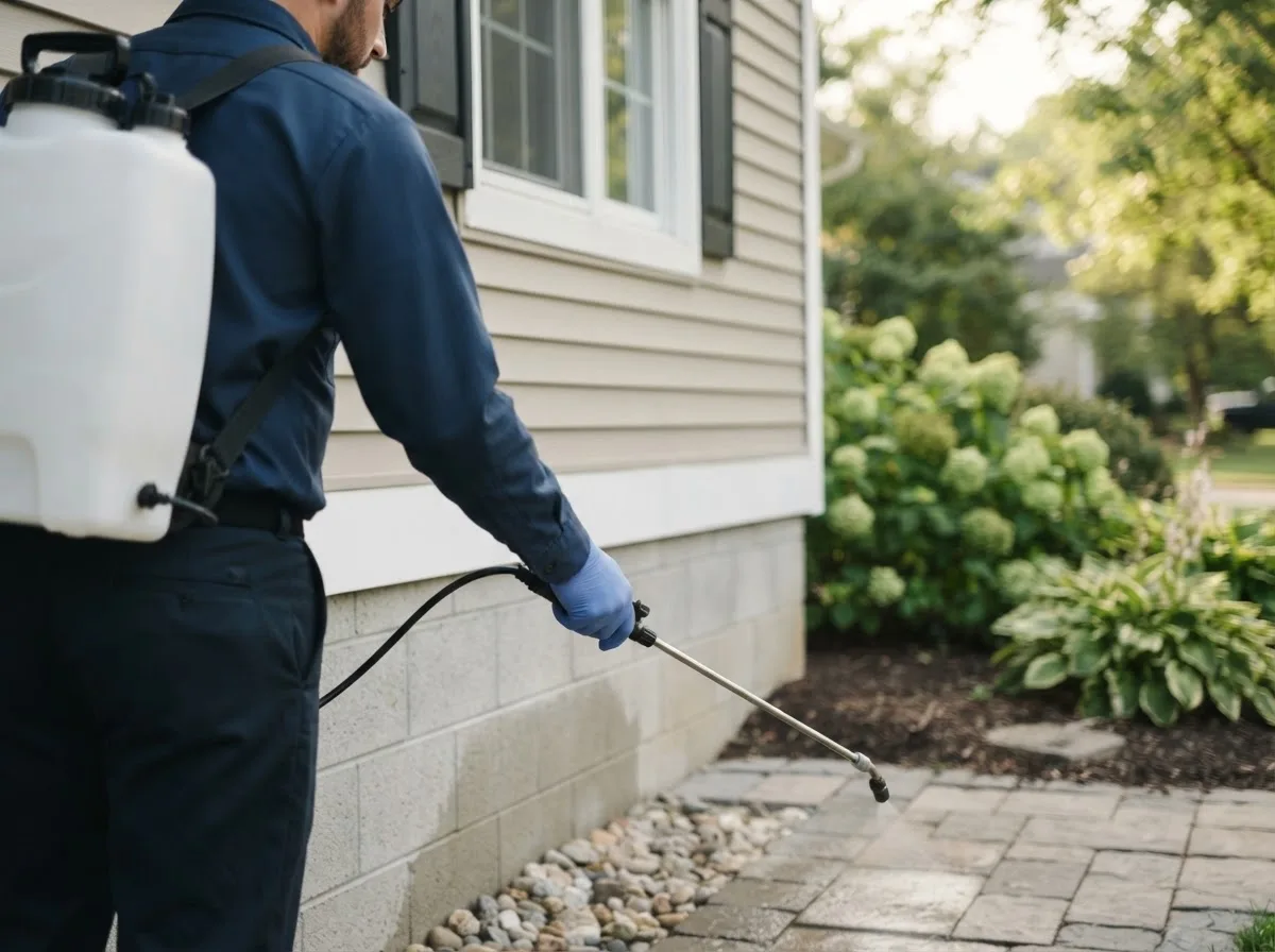 Pest control technician inspecting a home in Dixonville, PA